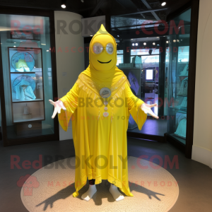 Lemon Yellow Magician mascot costume character dressed with a One-Piece Swimsuit and Necklaces