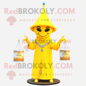 Lemon Yellow Magician mascot costume character dressed with a One-Piece Swimsuit and Necklaces
