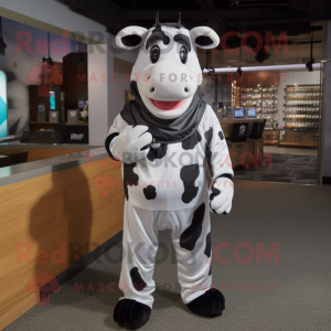 Silver Holstein Cow mascot costume character dressed with a Graphic Tee and Wraps
