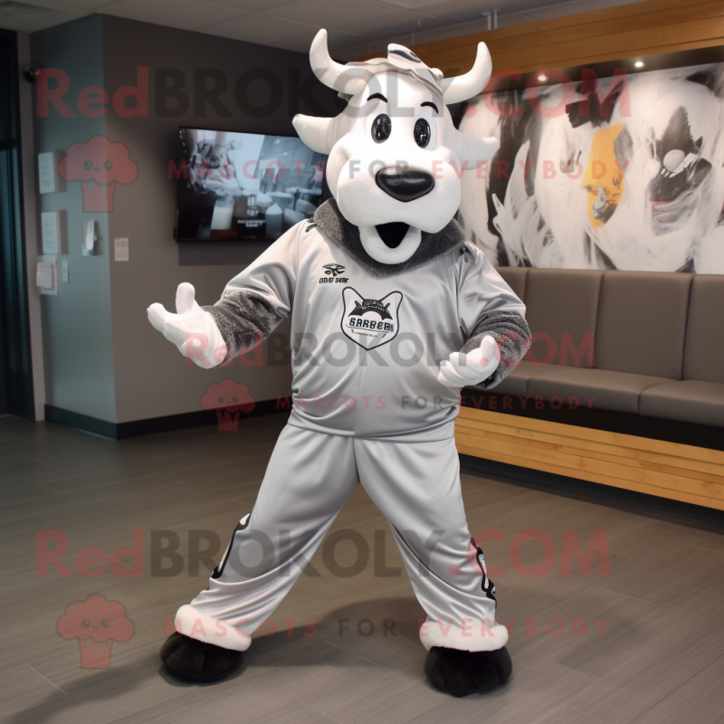 Silver Holstein Cow mascot costume character dressed with a Graphic Tee and Wraps Silver Holstein Cow mascot costume character dressed with a Graphic Tee and Wraps