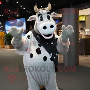 Silver Holstein Cow mascot costume character dressed with a Graphic Tee and Wraps