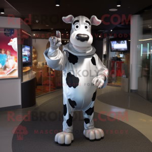 Silver Holstein Cow mascot costume character dressed with a Graphic Tee and Wraps