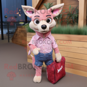 Pink Dingo mascot costume character dressed with a Chambray Shirt and Clutch bags