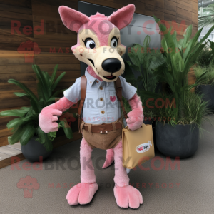 Pink Dingo mascot costume character dressed with a Chambray Shirt and Clutch bags