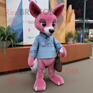 Pink Dingo mascot costume character dressed with a Chambray Shirt and Clutch bags