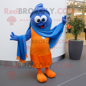 Blue Orange mascot costume character dressed with a Jeggings and Scarves