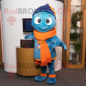 Blue Orange mascot costume character dressed with a Jeggings and Scarves