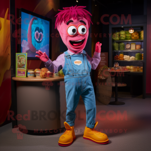 Magenta Currywurst mascot costume character dressed with a Denim Shirt and Anklets