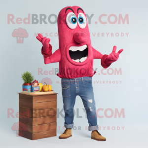 Magenta Currywurst mascot costume character dressed with a Denim Shirt and Anklets