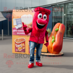 Magenta Currywurst mascot costume character dressed with a Denim Shirt and Anklets