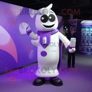 Purple Bottle Of Milk mascot costume character dressed with a Suit and Bracelet watches