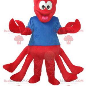 Mascotte de homard rouge avec un maillot bleu - Redbrokoly.com