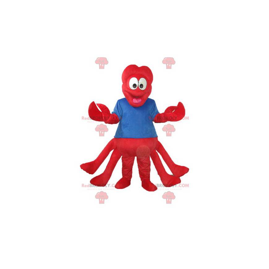 Röd hummermaskot med en blå tröja - Redbrokoly.com
