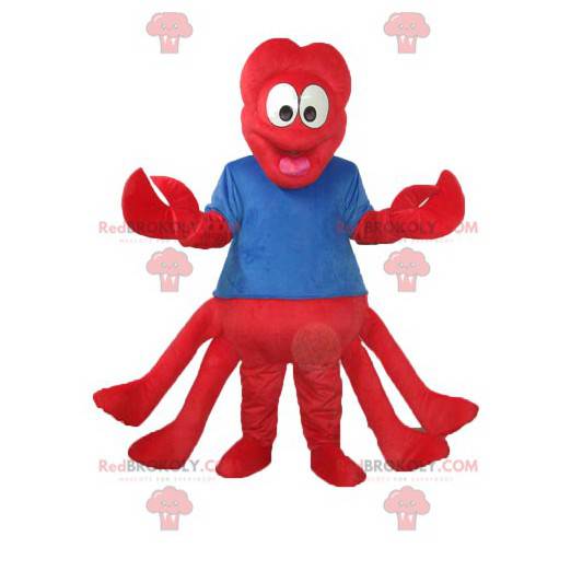 Mascotte de homard rouge avec un maillot bleu - Redbrokoly.com