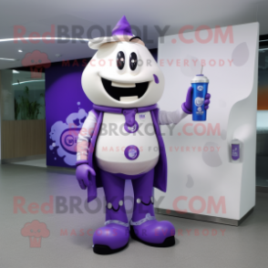 Purple Bottle Of Milk mascot costume character dressed with a Suit and Bracelet watches