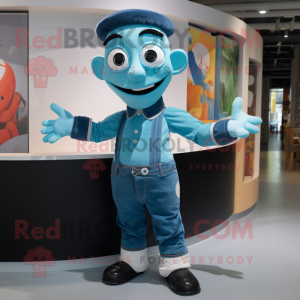 Turquoise Mime mascot costume character dressed with a Jeans and Belts