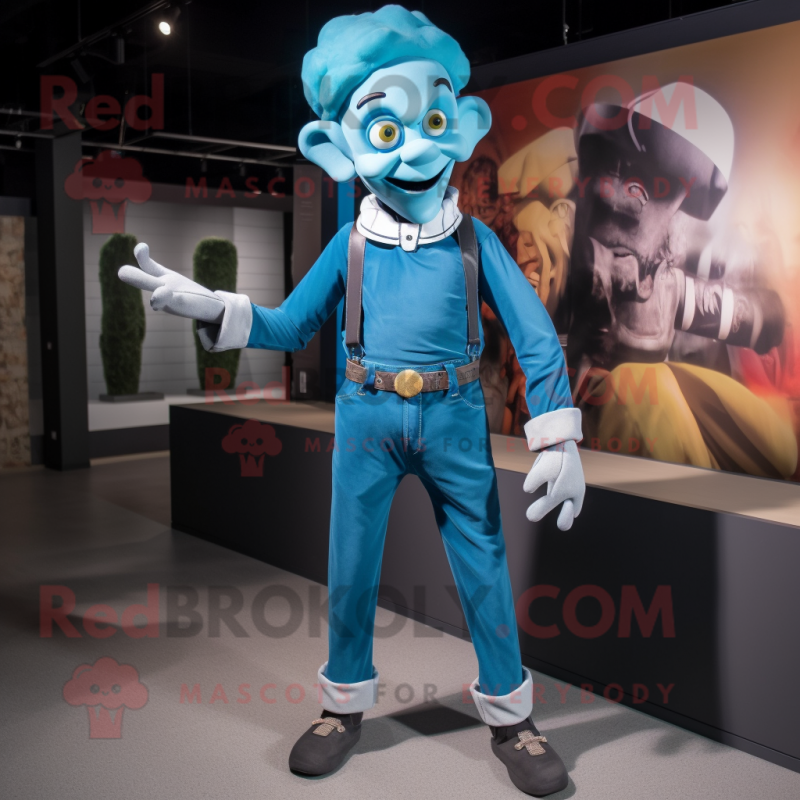 Turquoise Mime mascot costume character dressed with a Jeans and Belts Turquoise Mime mascot costume character dressed with a Jeans and Belts