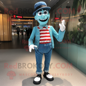 Turquoise Mime mascot costume character dressed with a Jeans and Belts