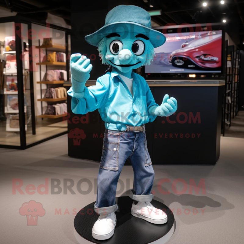 Turquoise Mime mascot costume character dressed with a Jeans and Belts