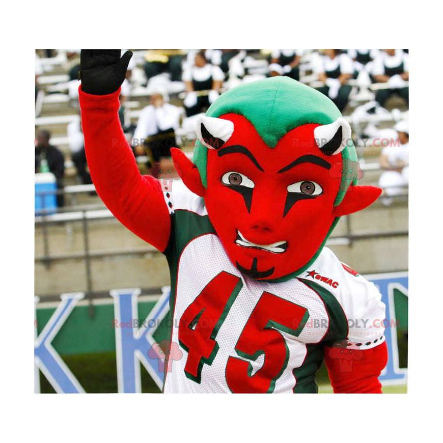 Red and green devil mascot in sportswear - Redbrokoly.com