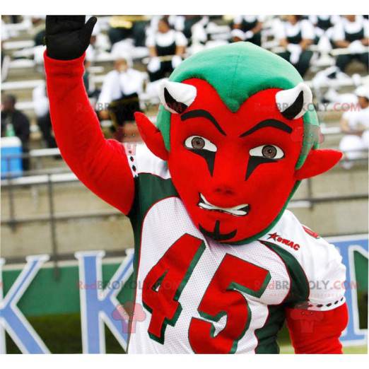 Red and green devil mascot in sportswear - Redbrokoly.com