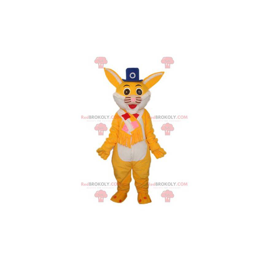 Żółty kot maskotka z niebieskim kapeluszem - Redbrokoly.com