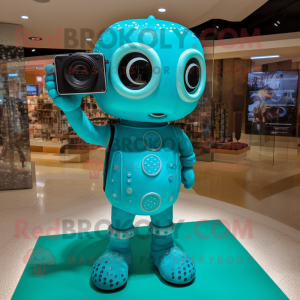 Turquoise Camera mascot costume character dressed with a Swimwear and Rings