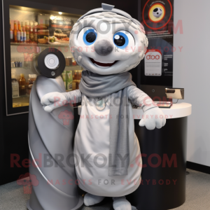 Silver Bagels mascot costume character dressed with a Button-Up Shirt and Scarves