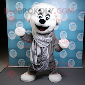 Silver Bagels mascot costume character dressed with a Button-Up Shirt and Scarves