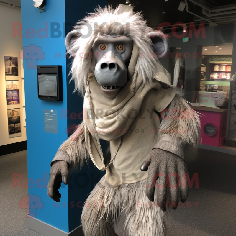 Silver Baboon mascot costume character dressed with a Rash Guard and Scarf clips Silver Baboon mascot costume character dressed with a Rash Guard and Scarf clips