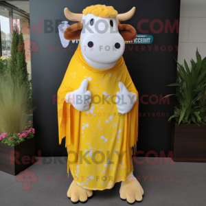 Yellow Hereford Cow mascot costume character dressed with a Maxi Skirt and Shawls