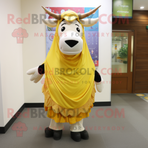 Yellow Hereford Cow mascot costume character dressed with a Maxi Skirt and Shawls