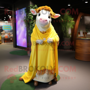 Yellow Hereford Cow mascot costume character dressed with a Maxi Skirt and Shawls