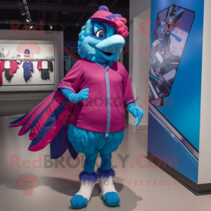 Magenta Blue Jay mascot costume character dressed with a Mini Skirt and Mittens
