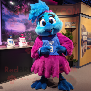 Magenta Blue Jay mascot costume character dressed with a Mini Skirt and Mittens