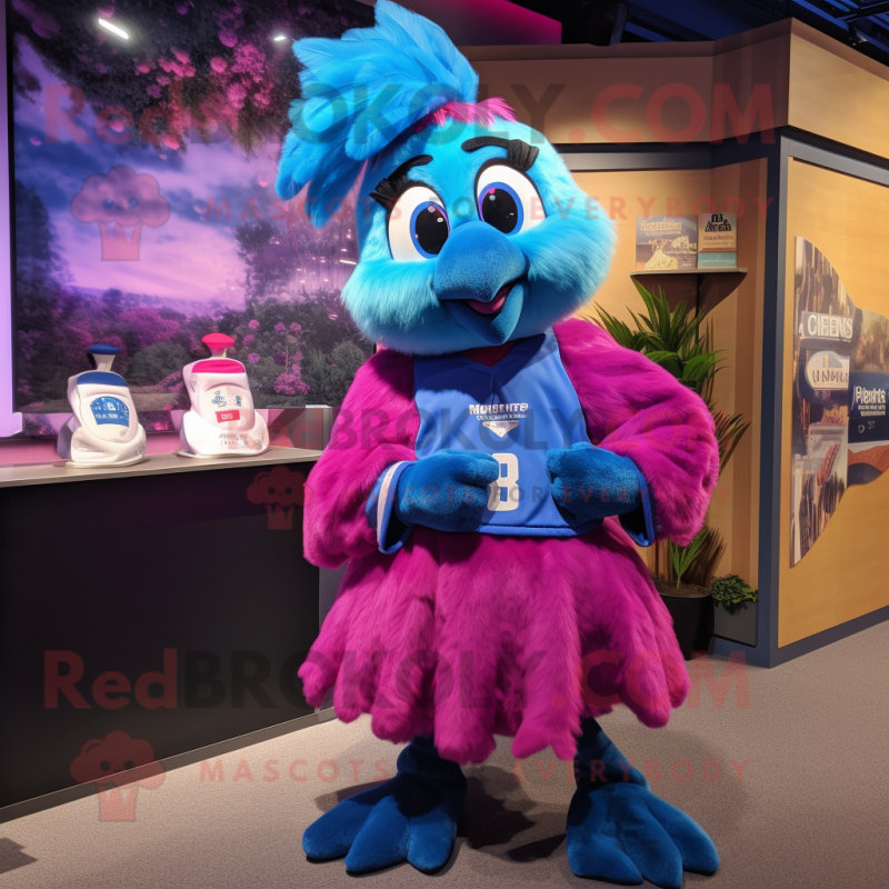 Magenta Blue Jay mascot costume character dressed with a Mini Skirt and Mittens