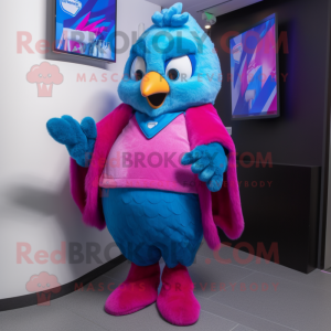 Magenta Blue Jay mascot costume character dressed with a Mini Skirt and Mittens