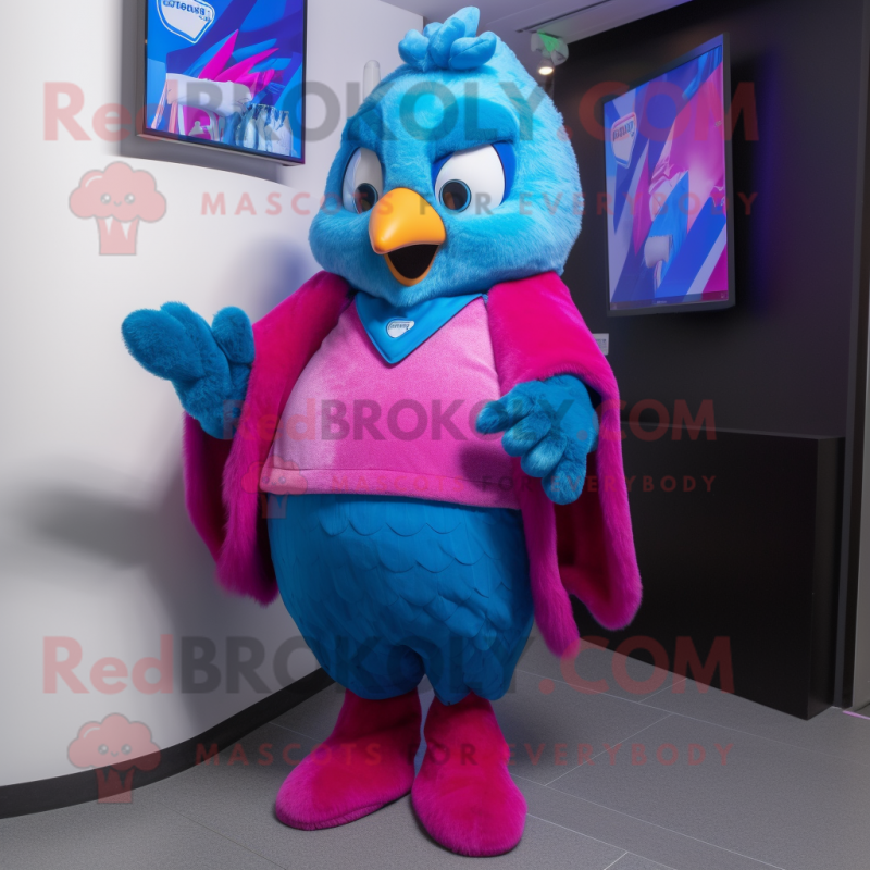 Magenta Blue Jay mascot costume character dressed with a Mini Skirt and Mittens Magenta Blue Jay mascot costume character dressed with a Mini Skirt and Mittens