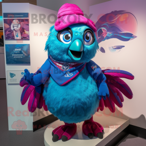 Magenta Blue Jay mascot costume character dressed with a Mini Skirt and Mittens