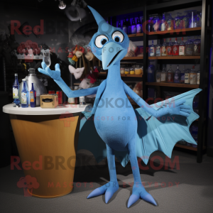 Blue Pterodactyl mascot costume character dressed with a Cocktail Dress and Mittens