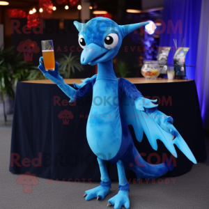 Blue Pterodactyl mascot costume character dressed with a Cocktail Dress and Mittens