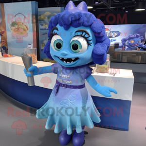 Blue Ceviche mascot costume character dressed with a A-Line Dress and Bracelet watches