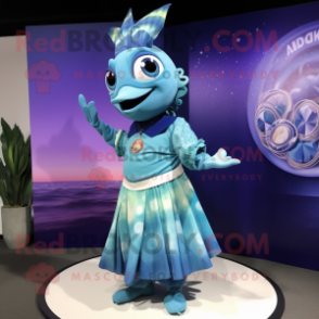 Blue Ceviche mascot costume character dressed with a A-Line Dress and Bracelet watches