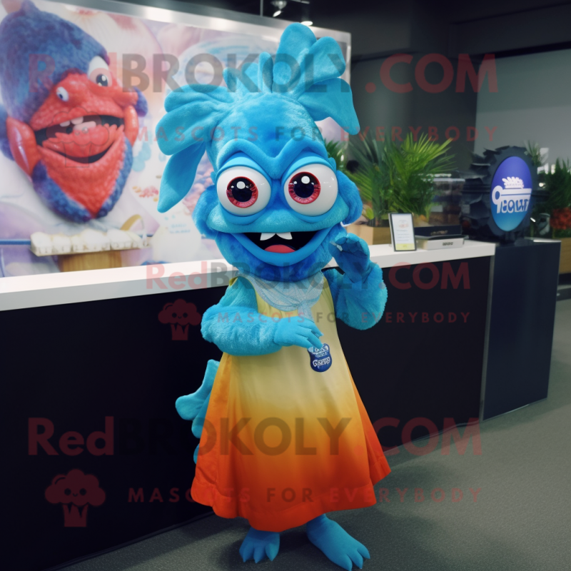 Blue Ceviche mascot costume character dressed with a A-Line Dress and Bracelet watches