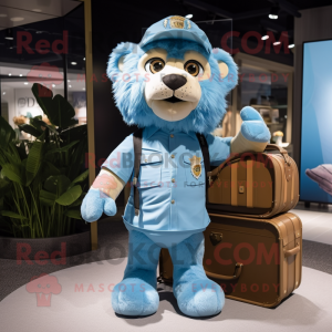 Sky Blue Lion mascot costume character dressed with a Cargo Shorts and Suspenders