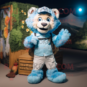 Sky Blue Lion mascot costume character dressed with a Cargo Shorts and Suspenders