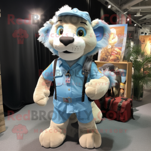 Sky Blue Lion mascot costume character dressed with a Cargo Shorts and Suspenders