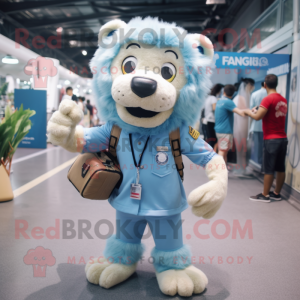 Sky Blue Lion mascot costume character dressed with a Cargo Shorts and Suspenders