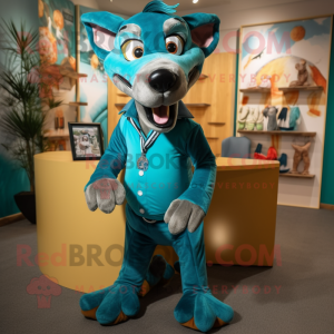 Turquoise Thylacosmilus mascot costume character dressed with a Jeans and Bow ties