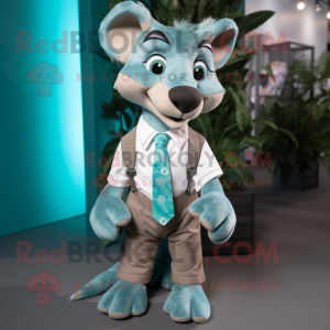 Turquoise Thylacosmilus mascot costume character dressed with a Jeans and Bow ties